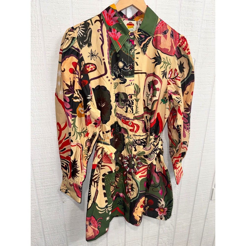 Farm Rio Artsy Surreal Land Mini Dress Womens Beige Multi Long Sleeve Large NWT - Picture 3 of 9